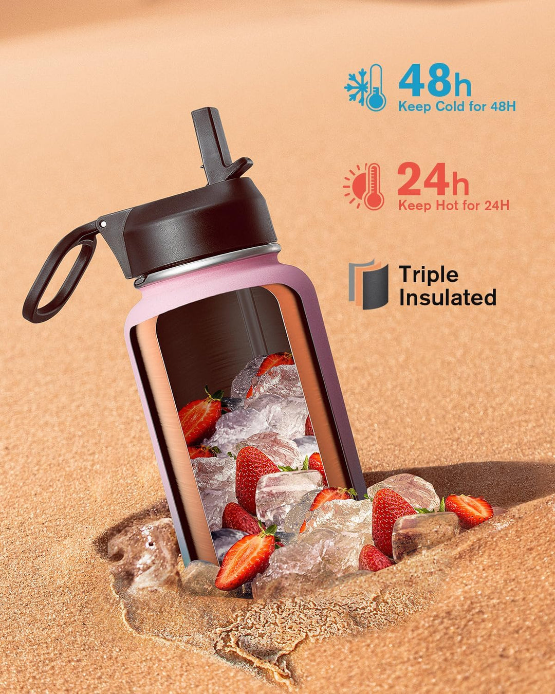 Isolierte Wasserflasche mit Strohhalm und 3 Deckeln, Coolflask Edelstahl-Metallflasche, breite Öffnu