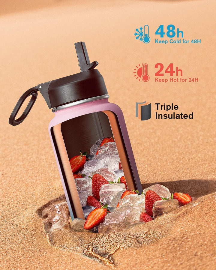 Isolierte Wasserflasche mit Strohhalm und 3 Deckeln, Coolflask Edelstahl-Metallflasche, breite Öffnu