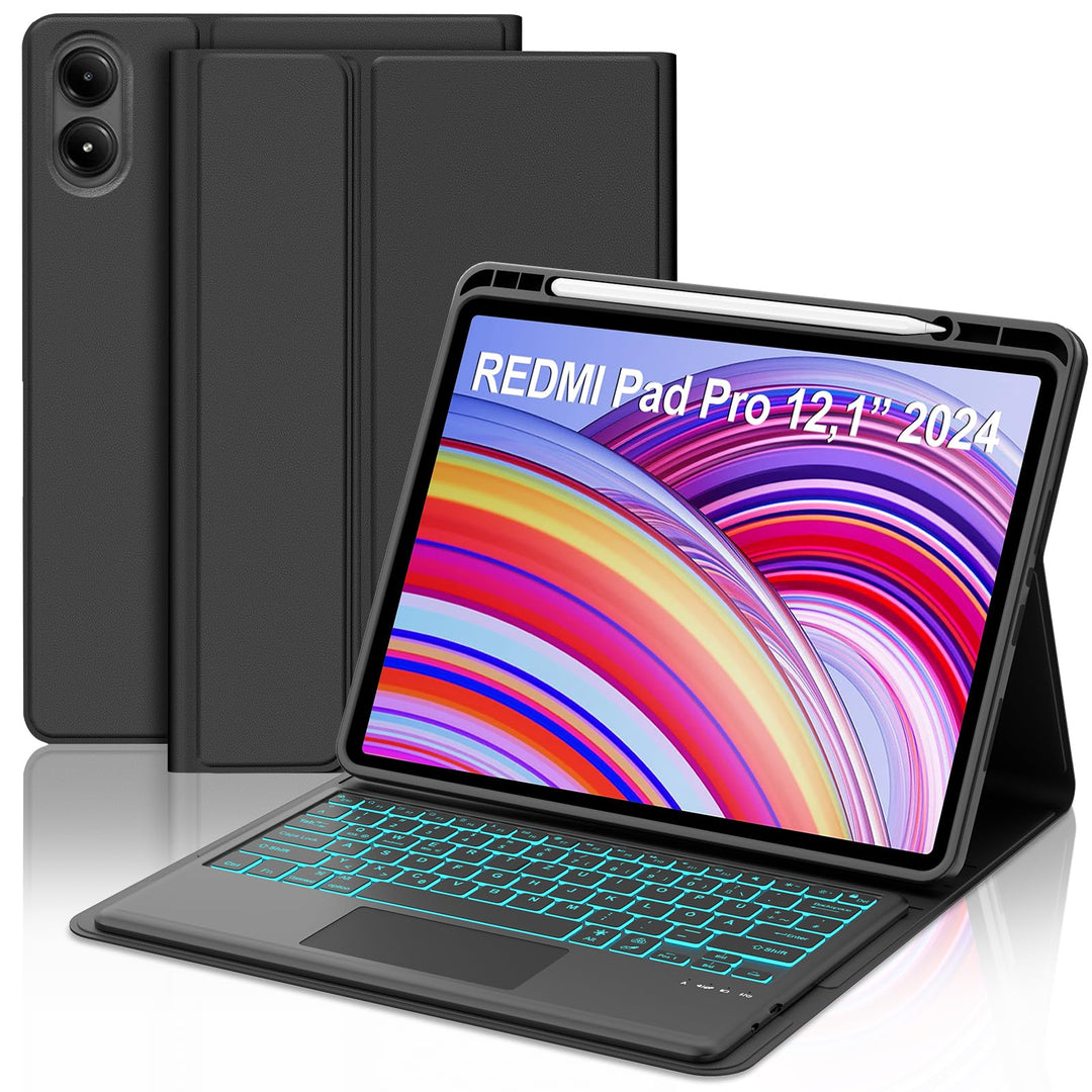 JADEMALL Schutzhülle mit Tastatur für Xiaomi Redmi Pad Pro 12,1" (2024) & Poco Pad 12,1" (2024) - DE