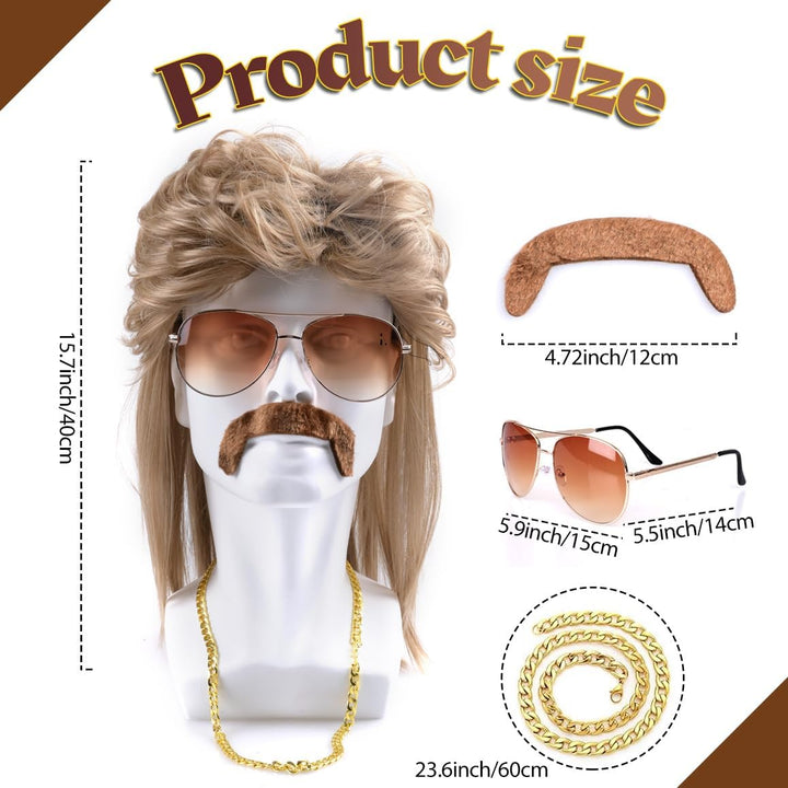 iZoeL Vokuhila Perücke 80er 90er Jahre Outfit Accessoires Herren - Blond Perücken Wig Sonnenbrille H