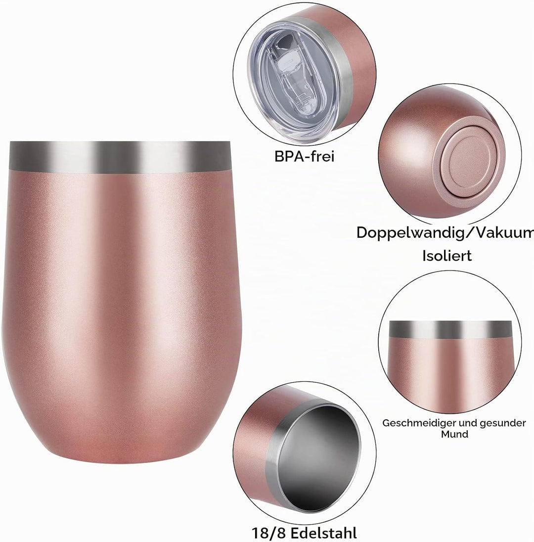 Joymaking 4 Stück Weinbecher Edelstahl, Stemless Weinbecher mit Deckel, Doppelwandige Unbreakable Tr