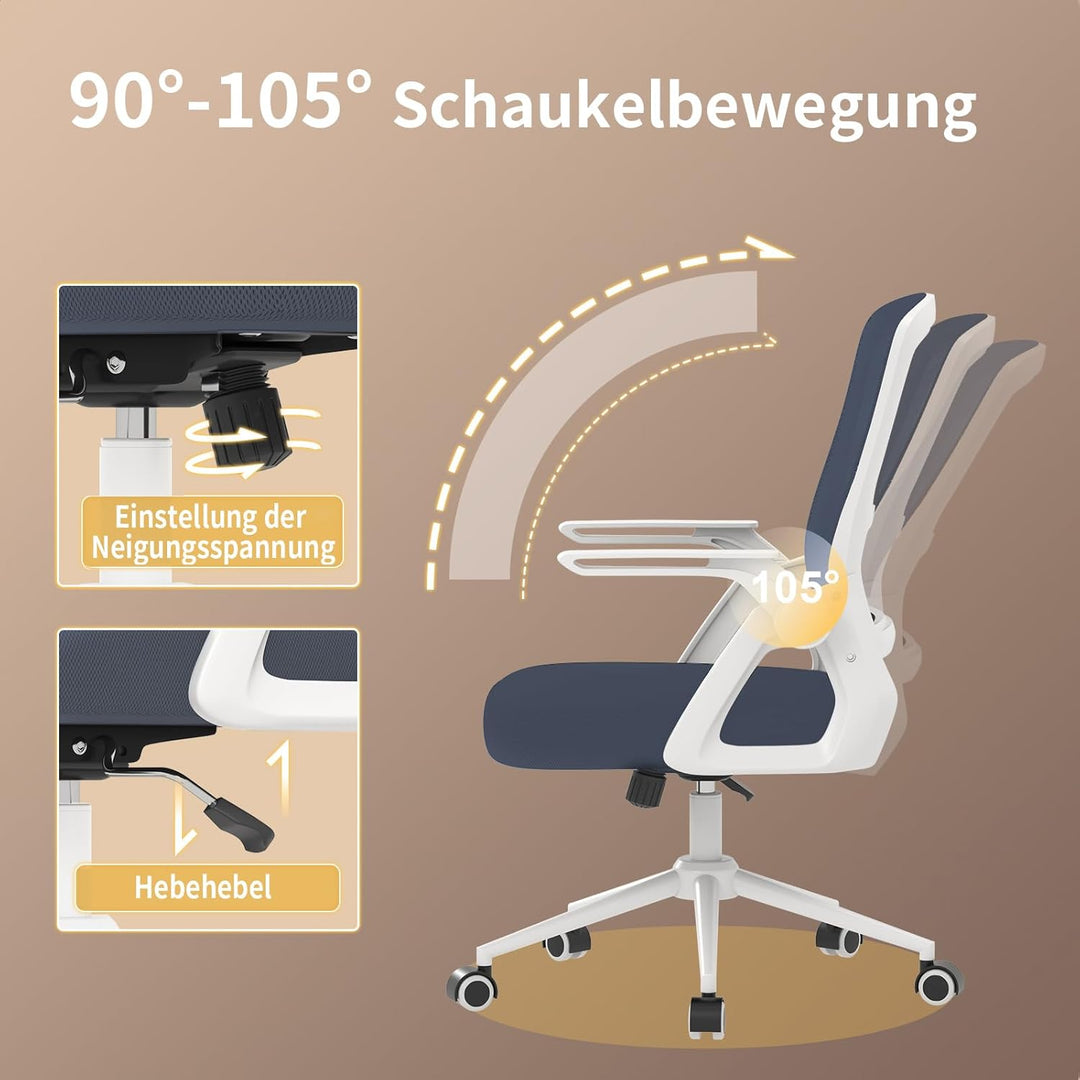 naspaluro Bürostuhl mit Hochklappbare Armlehnen, Schreibtischstuhl Ergonomisch, Drehstuhl mit Netzbe