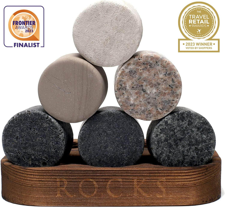 Whiskey Steine Geschenkset - 6 Handgefertigte Premium-Granitsteine, 2 aussergewöhnliche Kristallgläs