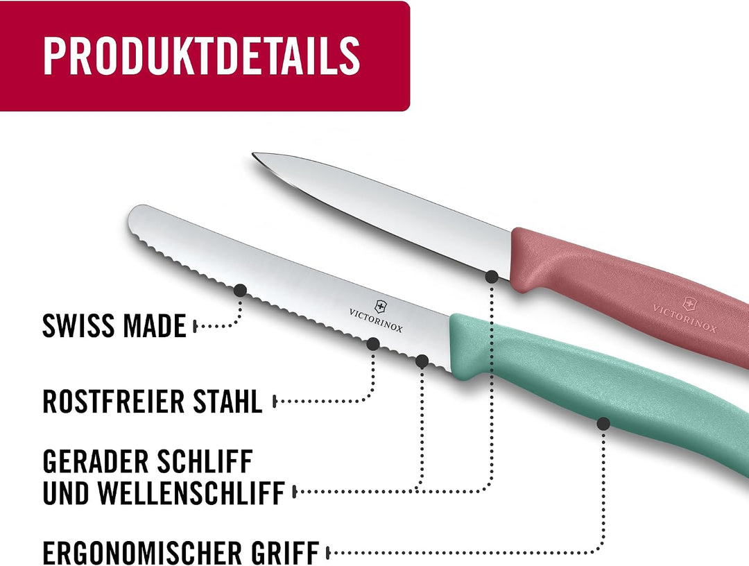 Victorinox Swiss Classic, Tomaten- und Gemüsemesser Set, 4teilig, Scharfe Klinge, 8 und 10 cm, Welle