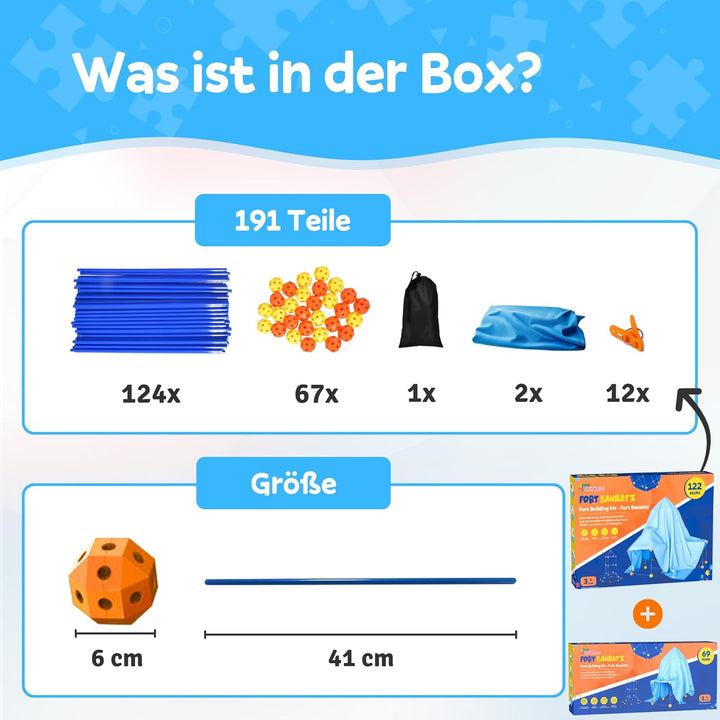Fort Bausatz XL + Erweiterungspaket, 191 Teile, Höhle Bauen Kinder, Stecksystem Spielzelt Indoor & O