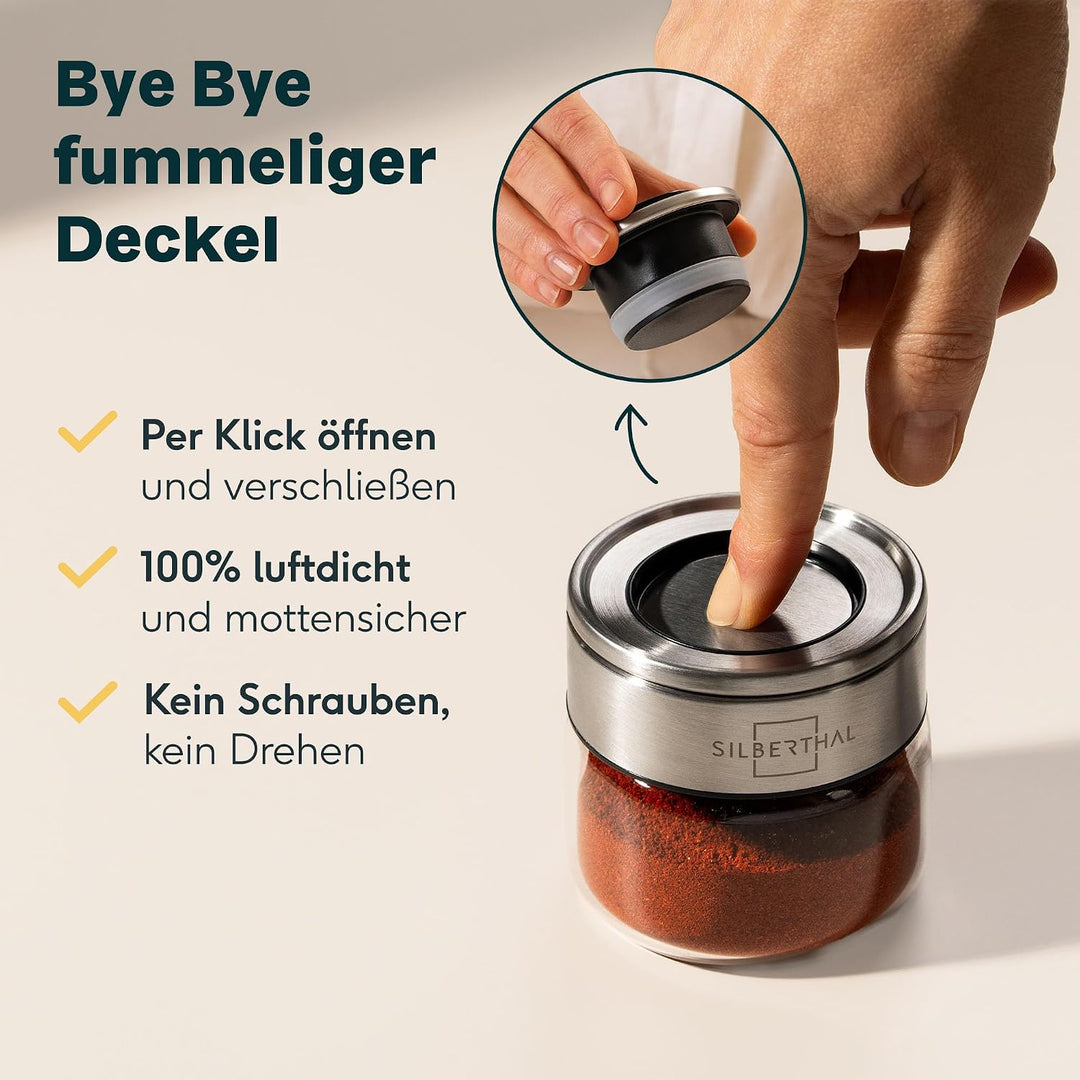 SILBERTHAL Gewürzglas 12er Set 100 ml Rund - mit Klickdeckel stapelbar - Vorratsglas mottensicher fü