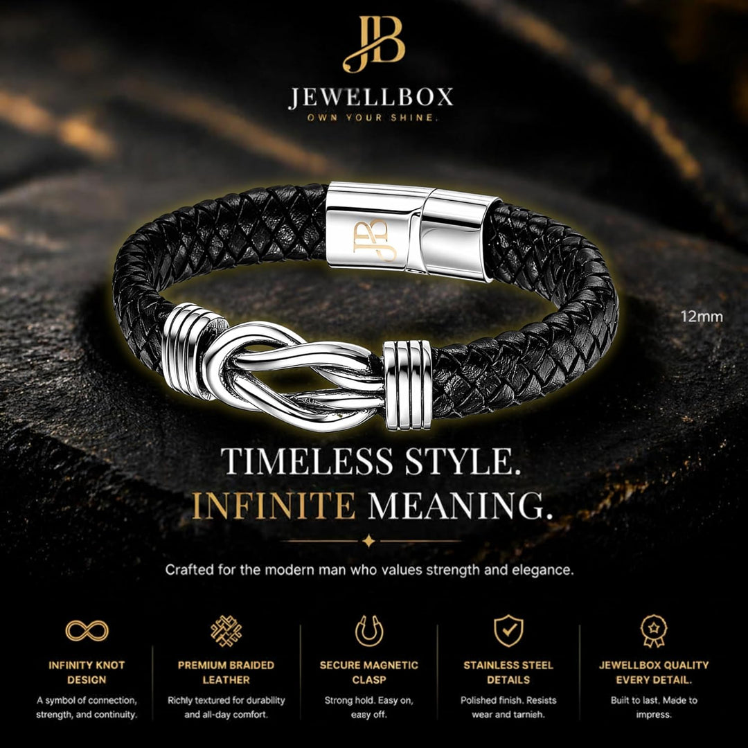 Jewellbox Herren Leder Unendlichkeit Knoten Armband, Leder Punk Schmuck Armband