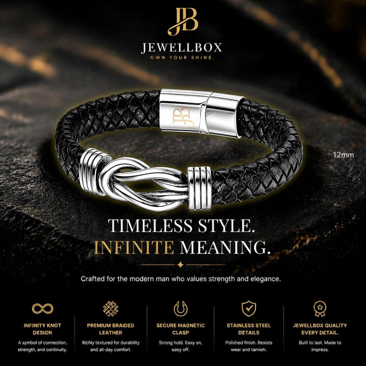 Jewellbox Herren Leder Unendlichkeit Knoten Armband, Leder Punk Schmuck Armband