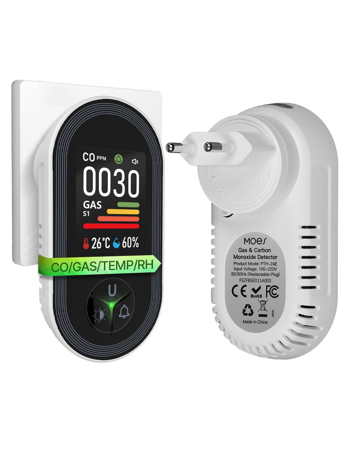 MOES Kohlenmonoxid- und Gasmelder mit Stecker, 4-in-1 CO-Melder mit Temperatur- & Luftfeuchtigkeitss