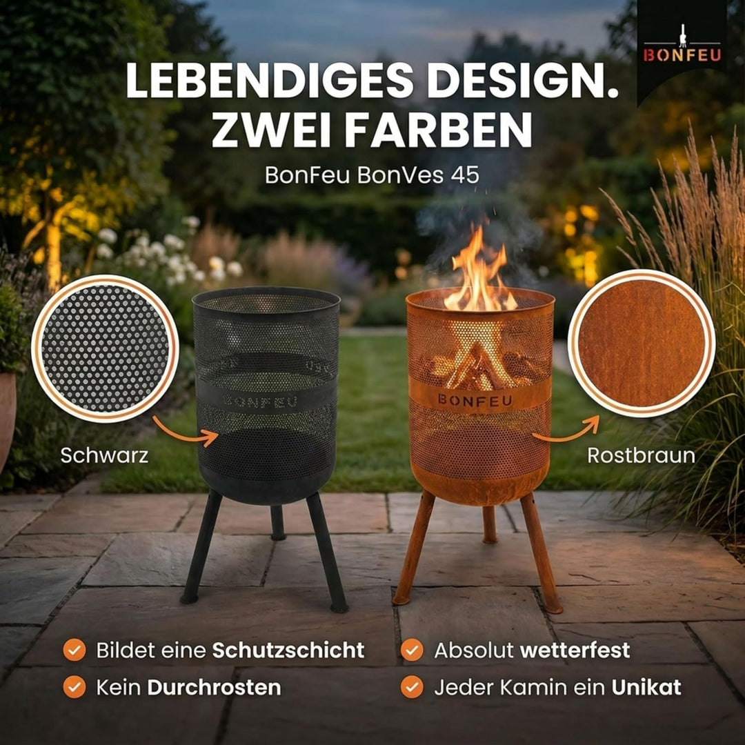 BonFeu Bonves Ø45cm Schwarz - Feuerkorb für den Garten - Feuertonne & Feuerstelle - aus stabilem Sta
