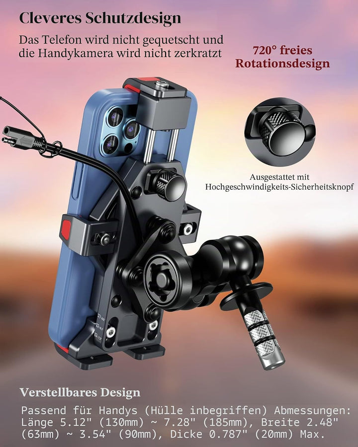 BRCOVAN Aluminiumlegierung Motorrad Gabelschaft Handyhalterung mit Qi 15W Drahtloses Ladegerät und V