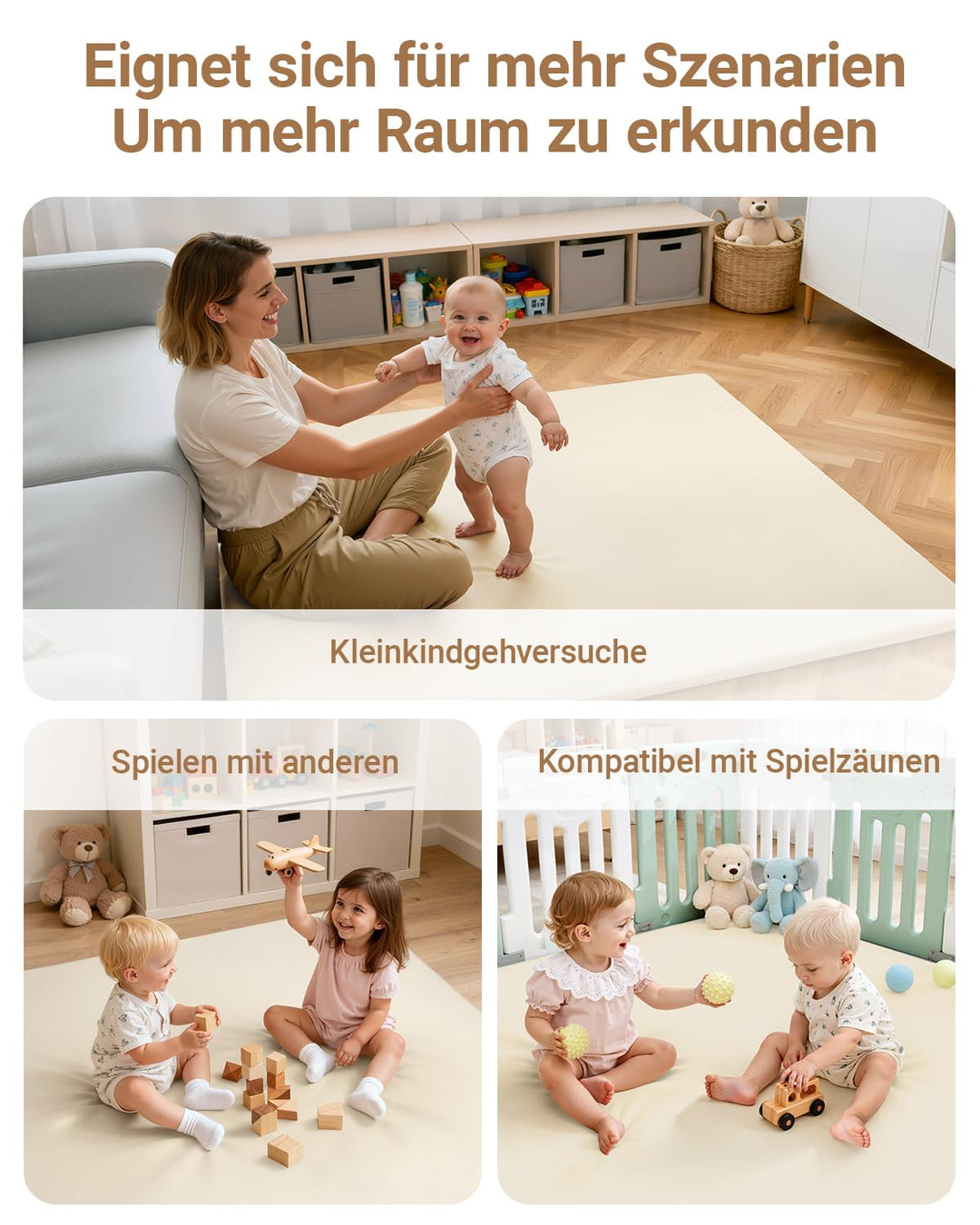 Wasserdicht Krabbelmatte Baby 127x127x3cm,Beige Kunstleder Spielmatte Baby,Schaumfüllung Teppich kin