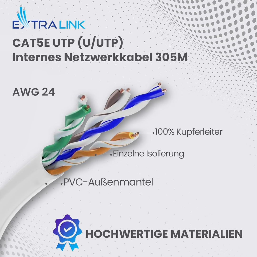 EXTRALINK 305m CAT5e Netzwerkkabel LAN Verlegekabel Innenbereich – 100% Kupfe U/UTPr, PVC Mantel, bi