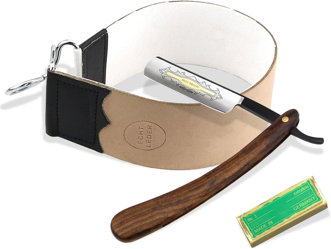 Rasiermesser-Set Rasier Set Herren Rasiermesser Holz Griff Goldätzung Schwarze Klinge mit Paste aus