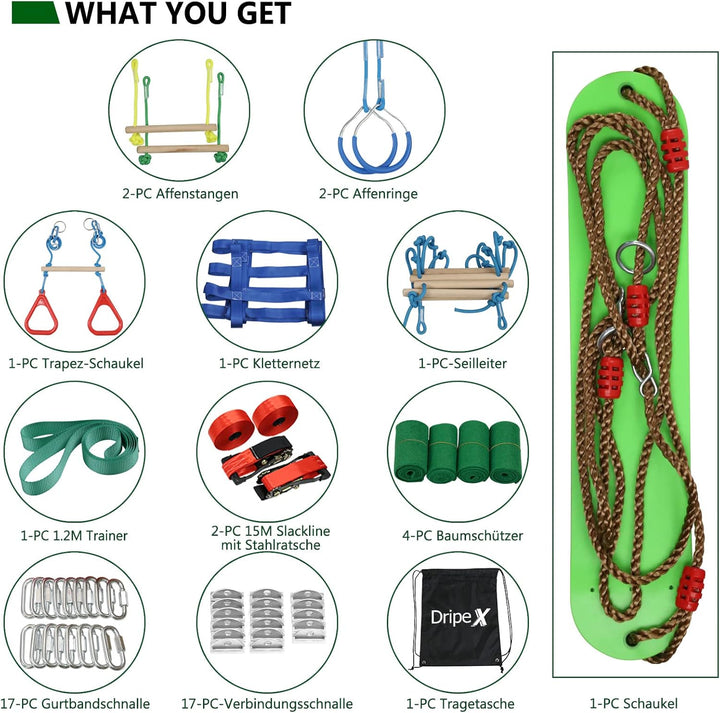 Ninja Warrior Hindernisparcours für Kinder - 15m×2 Ninja Slackline und 10 langlebige Hindernisse - O
