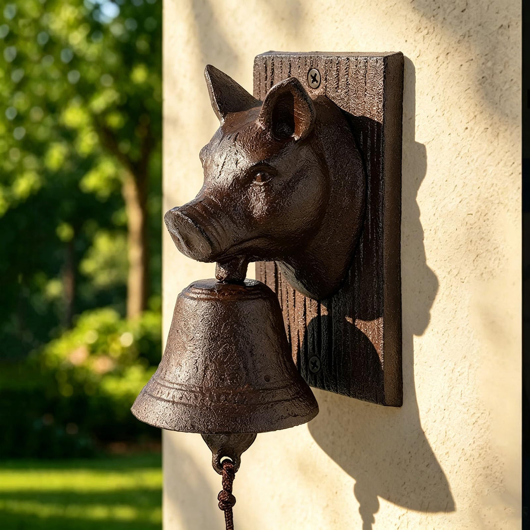Retro Gusseisen Metall Aussendekoration für Bauernhof, Schweinekopf-förmige Dekoration, Hängeglocke