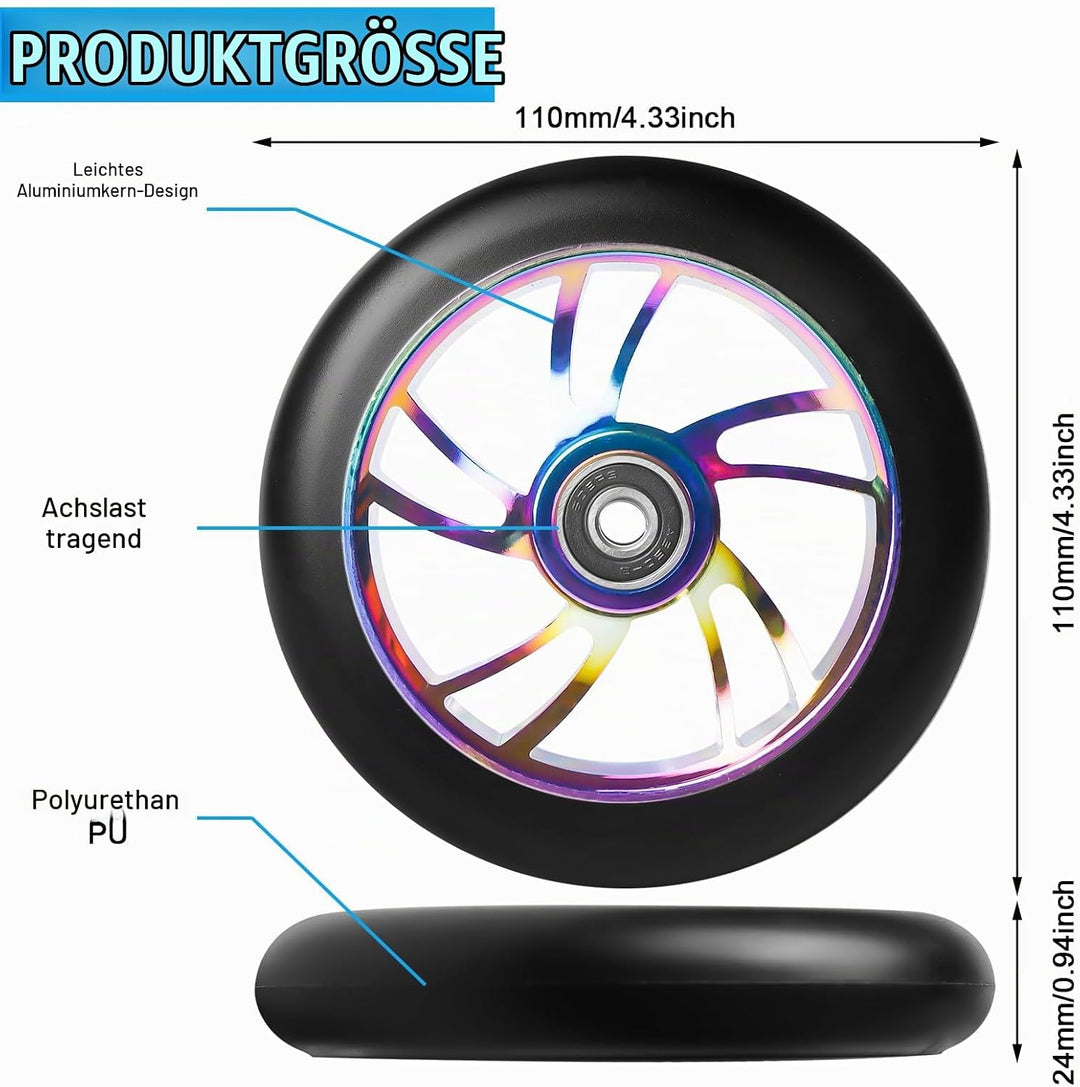 2Stück Stunt Scooter Rollen 110 mm, Bunt Scooter Ersatzräder, 88A Rollerräder für Stunt mit ABEC-9 L