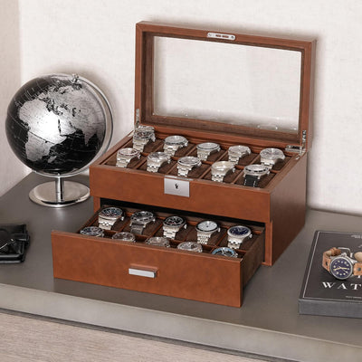 ROTHWELL Uhrenbox aus Leder mit 20 Fächern, luxuriöses Uhrengehäuse, Schmuck-Organizer, verschliessb