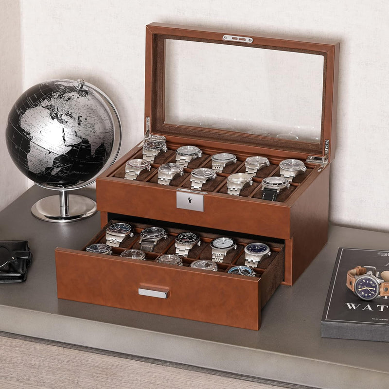 ROTHWELL Uhrenbox aus Leder mit 20 Fächern, luxuriöses Uhrengehäuse, Schmuck-Organizer, verschliessb