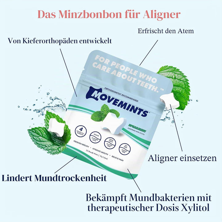 Movemints Clear Aligner Mints – Patentierte Aligner Sitzminzbonbons – essbare Alternative zu Aligner