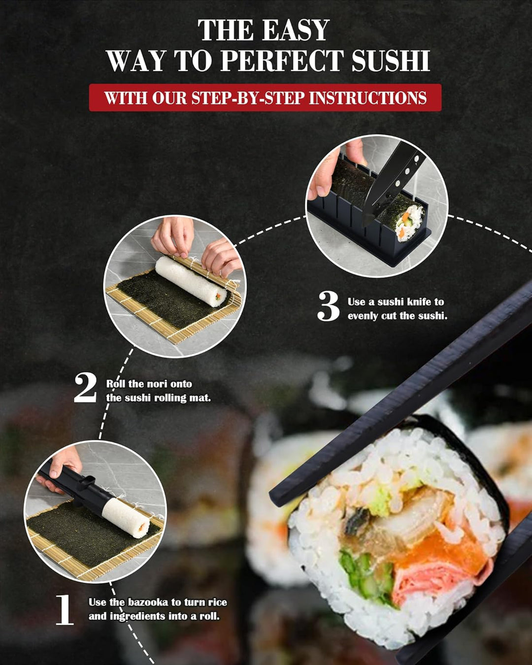 Sushi Maker Set, Sushi Set für Anfänger, Komplett Kit zum Selber Machen mit Sushi Bazooka, Bambus Ro
