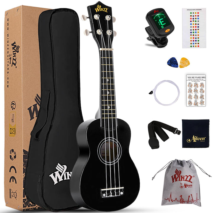 Winzz Sopran Ukulele Starter Kit für Anfänger mit Tasche, Clip-On Tuner, Zusätzlichen Saiten, Gurt,