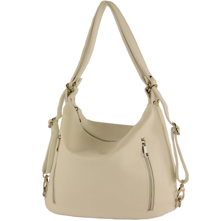 modamoda de - T249 - ital. Damen Rucksack Tasche 2 in 1 aus Leder Creme, Creme