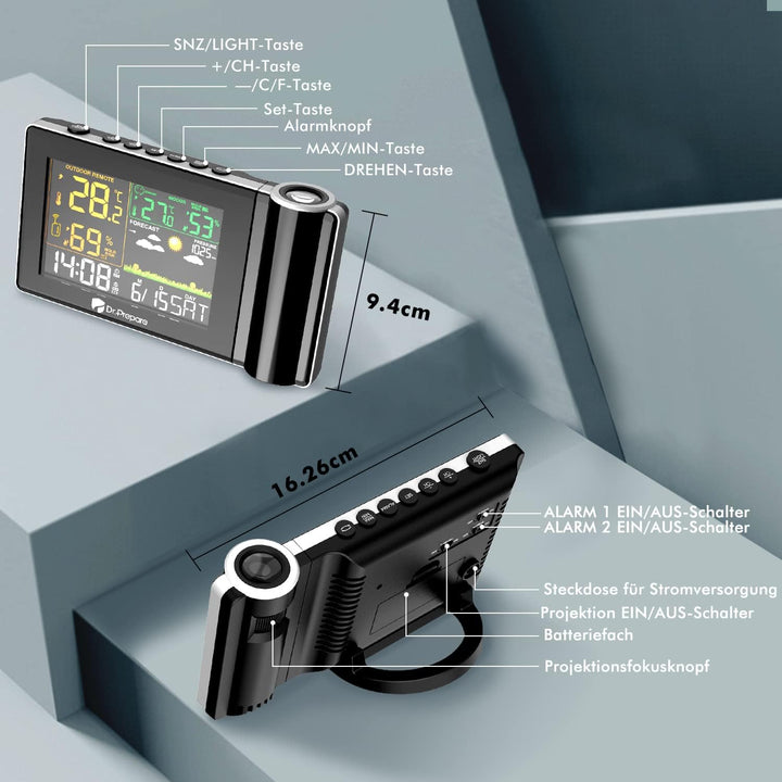 DR.PREPARE Wetterstation mit Aussensensor DCF Projektionswecker Einstellbare Projektionsfokus Wecker