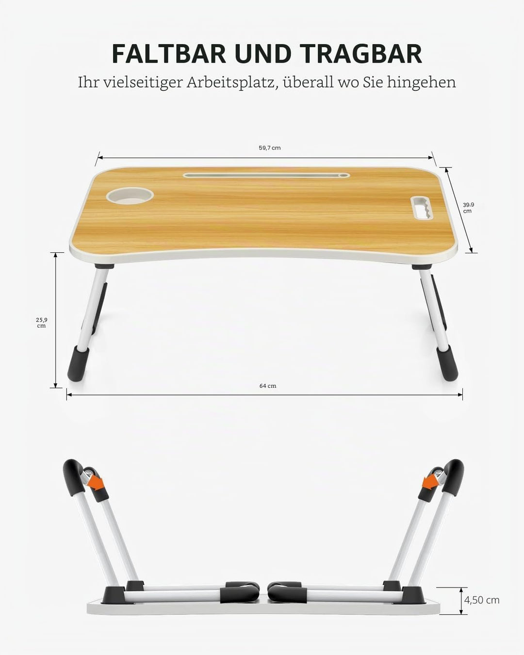 Faltbarer Laptoptisch, tragbarer Schossschreibtisch, Betttisch, Laptopständer mit Getränkehalter & T
