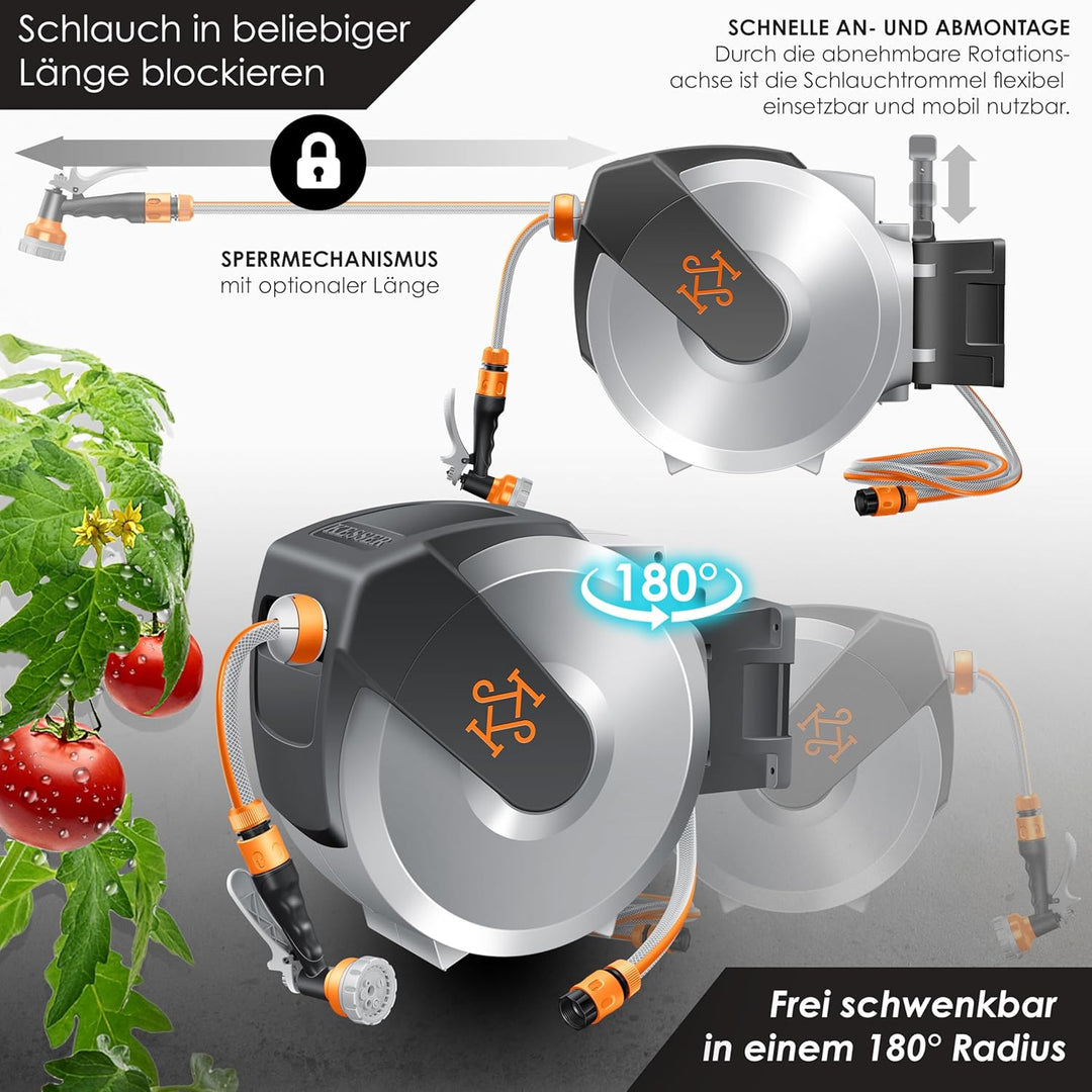 KESSER® Schlauchtrommel mit Gartenschlauch 25m | Wasserschlauchtrommel zur Wandmontage | Wandhalteru