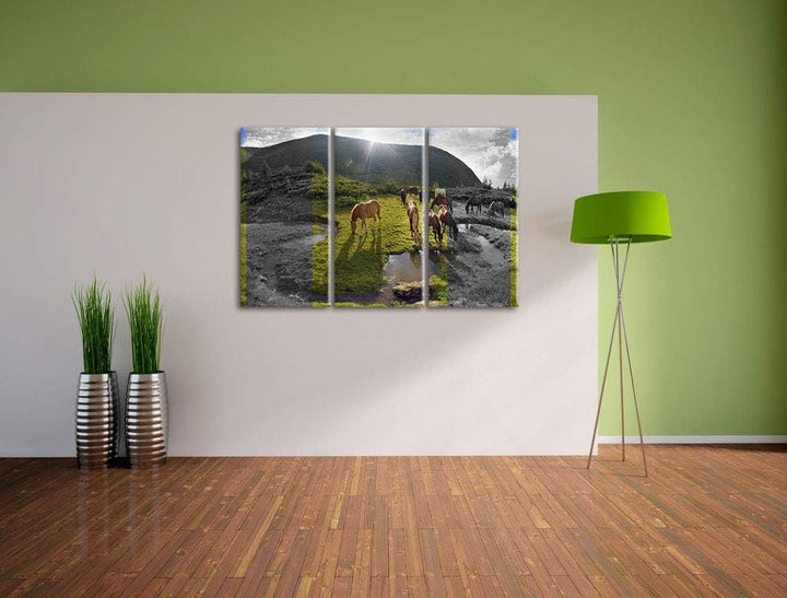fressende Pferdeherde im Gebirge schwarz/weiss 3-Teiler Leinwandbild 120x80 Bild auf Leinwand, XXL r