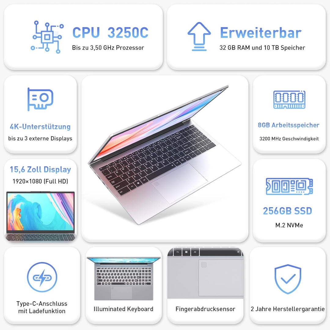 Auusda Laptop 15,6 Zoll, Notebook mit 8GB RAM 256GB SSD, Fingerabdrucksensor, beleuchtete Tastatur,