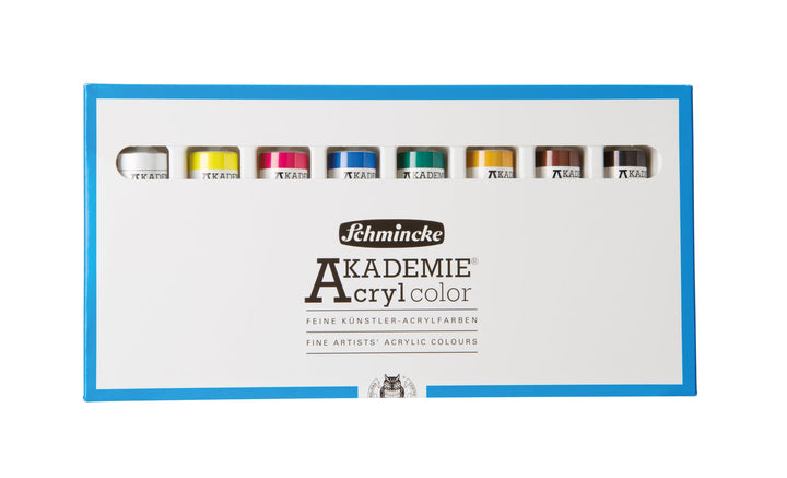 Schmincke – AKADEMIE Acryl, Grundsortiment 8 x 20 ml-Tuben, 76 008 097, Kartonset, brillante, farbst