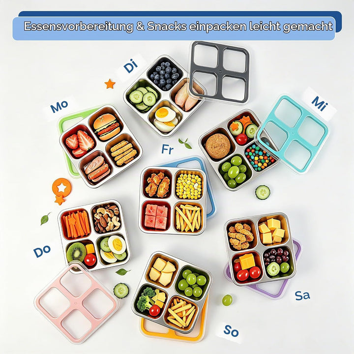 Misichao Edelstahl Snackbox mit 4 Fächern, 400ML Snackdose Kinder, Brotdose Erwachsene, Lunchbox Spü
