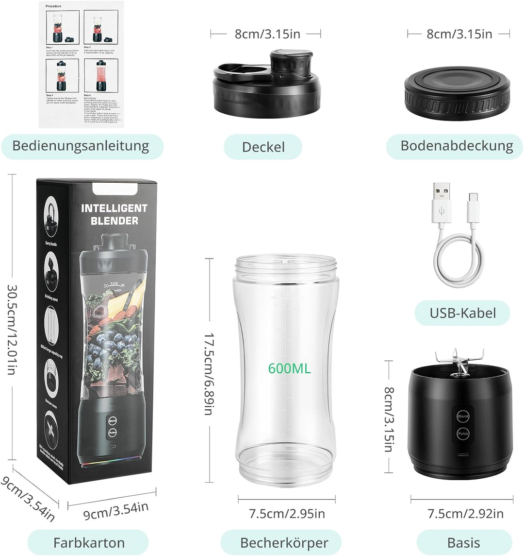 Tragbarer Mixer, 600ML Becher, Tragbarer Mixer/Blender/Smoothie Maker mit 6-Klingen Edelstahl, Ausla
