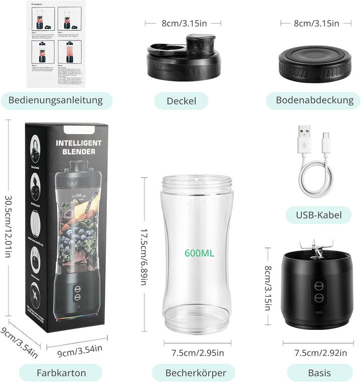 Tragbarer Mixer, 600ML Becher, Tragbarer Mixer/Blender/Smoothie Maker mit 6-Klingen Edelstahl, Ausla