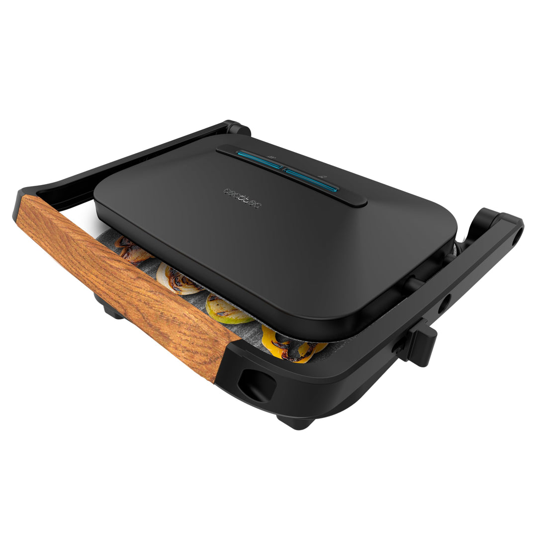 Cecotec Elektrischer Grill Rock'Ngrill 1300 Wood B. Leistung von 1300W, schwarzes Design, Rockstone-