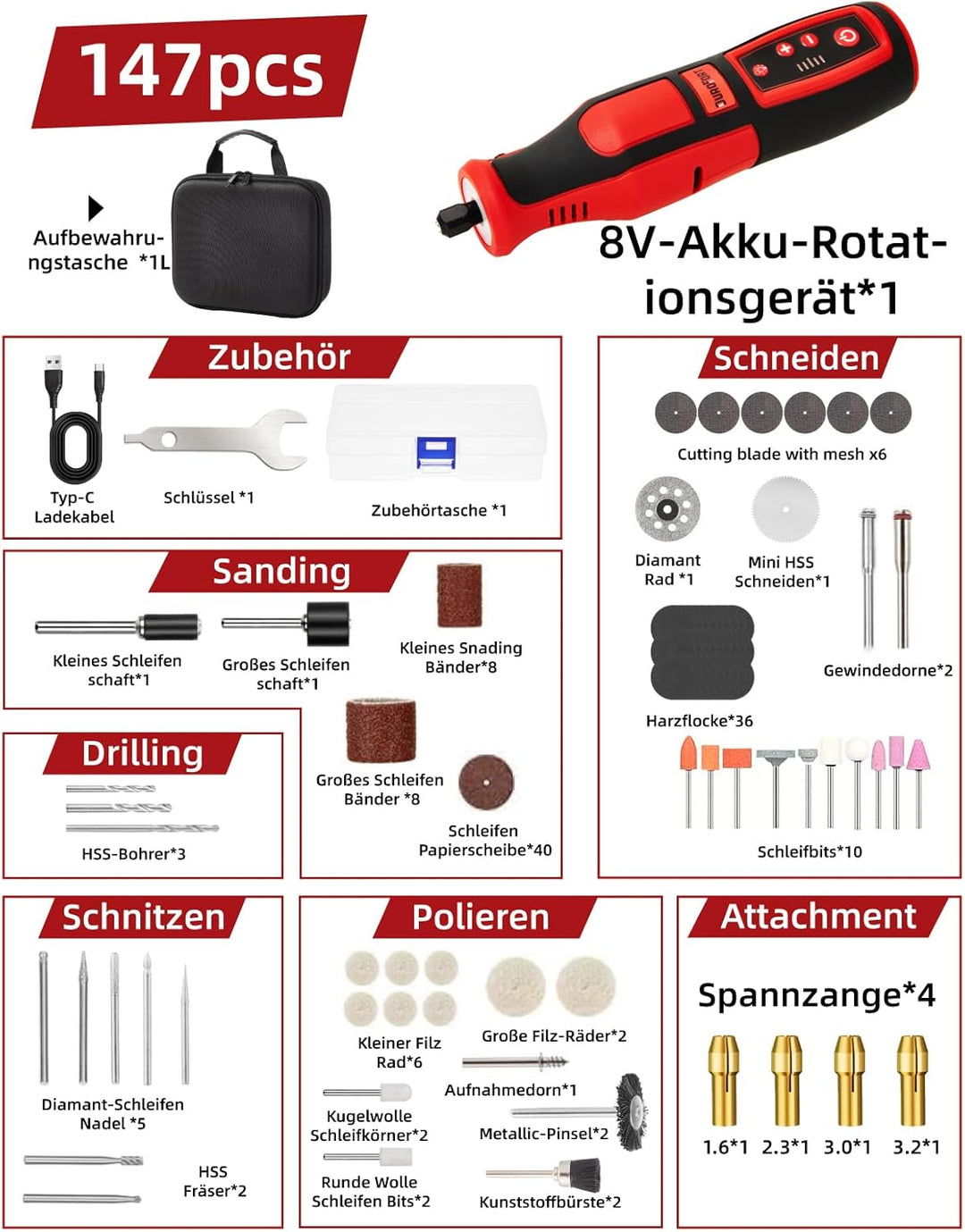 DuroFort 8V Akku Multifunktionswerkzeuge,5 Gang Rotationswerkzeug(17000-32000rmp),146 Zubehören Mini