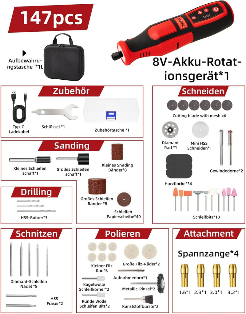 DuroFort 8V Akku Multifunktionswerkzeuge,5 Gang Rotationswerkzeug(17000-32000rmp),146 Zubehören Mini
