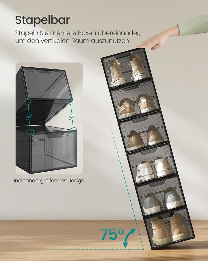 SONGMICS Schuhboxen, Schuh-Organizer aus Kunststoff, mit Tür, durchsichtig, Kunststoffboxen, 6er Set