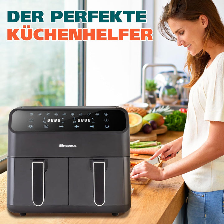 Heissluftfritteuse 9L XXL Profi • 2000W Dual-Zonen Technologie • 10-in-1 Automatikprogramme • 2x Ink
