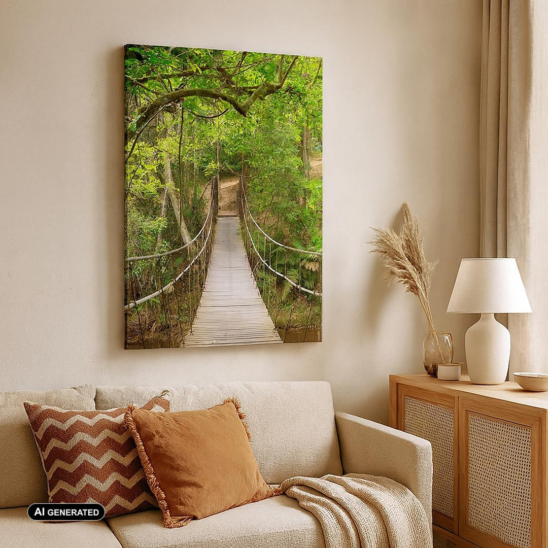 Bilder auf Leinwand 55x100cm Leinwandbild mit Rahmen Fussgängerbrücke Wald Abenteuer Gross Wanddeko