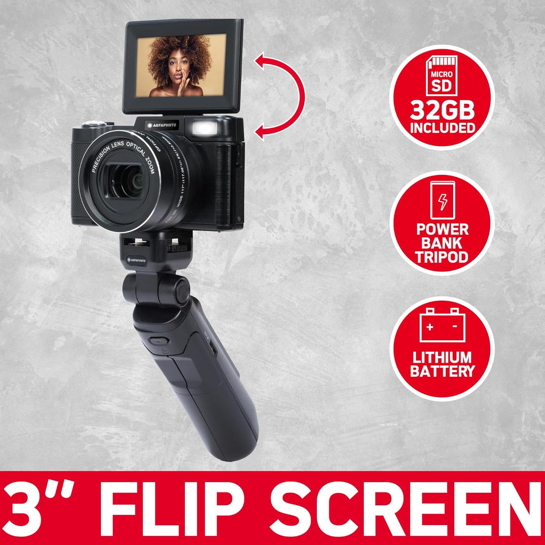 AGFA PHOTO – All-in-one-Vlogging-Set: Kamera VLG-4K Optical, Powerbank-Stativ, Fernbedienung, Mikrof