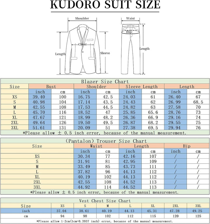KUDORO Herren Anzüge 3-teilig Slim Fit Eine Knöpfe für Hochzeit Business Herrenanzug Sakko Weste Hos