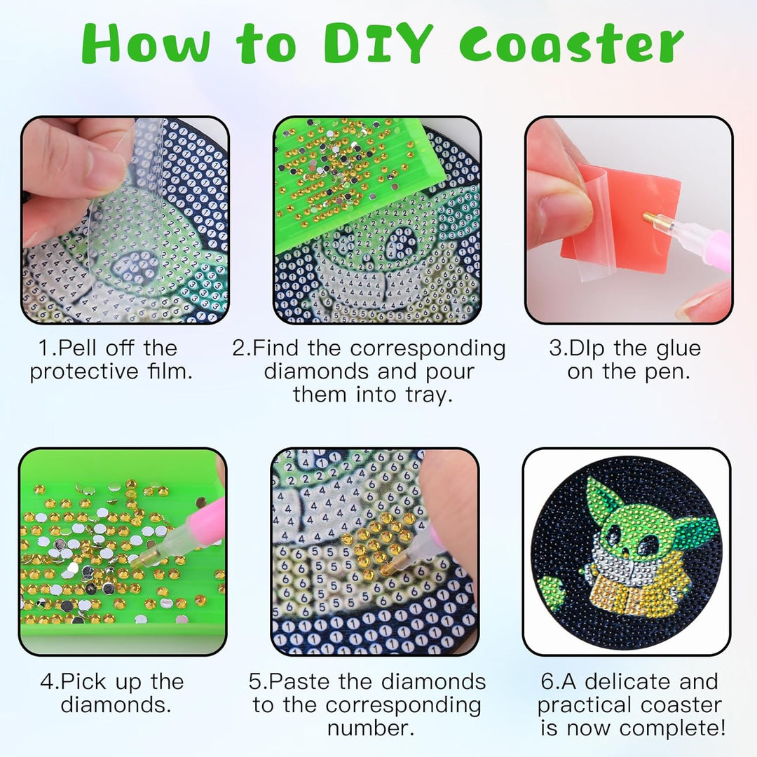8 Stück Diamant Malerei Untersetzer mit Halter, DIY Yoda Diamant Malsets für Erwachsene Kinder Anfän