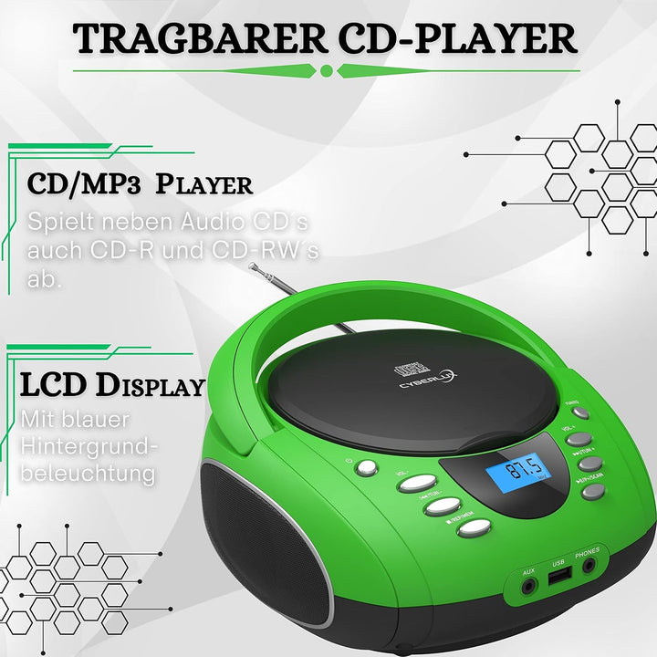 Tragbare Boombox | CD/CD-R | USB | FM Radio Player | AUX-Eingang | Kopfhöreranschluss | Kinderradio