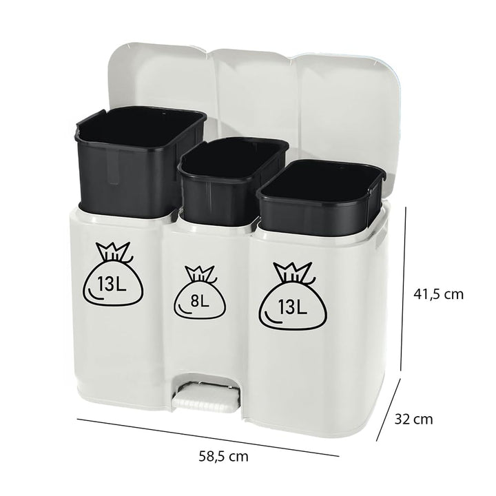 Buystar Mülleimer für Mülltrennung, weiss, 13 + 8 + 13 Liter, einzigartige Struktur mit Pedal und he