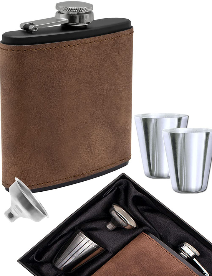 Flachmann-Set, Wild-Leder Optik, 175ml + 2 Schnaps-Becher, Trichter in Geschenk-Box