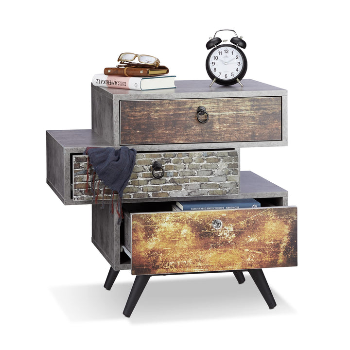Relaxdays Vintage Kommode m. 3 Schubladen, Betonoptik Beistellschrank, Shabby Schublade m. Griff, HB