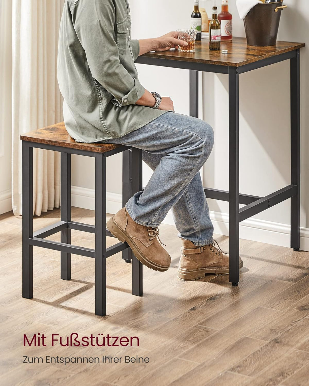 VASAGLE Bartisch mit Barhocker-Set, Esstisch mit 2 Stühlen, Küchentisch klein 60 x 60 x 90 cm, Barst